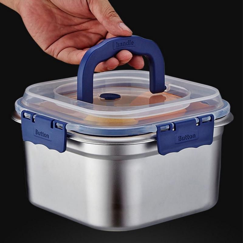 Large Capacity Stainless Steel Crisper With Handle Airtight Lid Leak-Proof Lunch Box Rectangular Fresh-Keeping Box Refrigerator