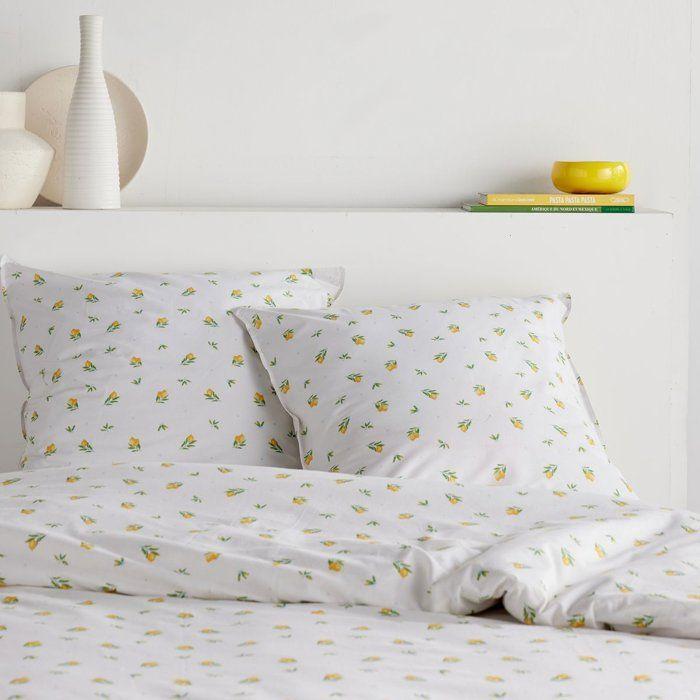 Parure de Lit - 140 x 200 cm - Coton Imprimé Floral Blanc avec Motif Citron - TODAY SUNSHINE