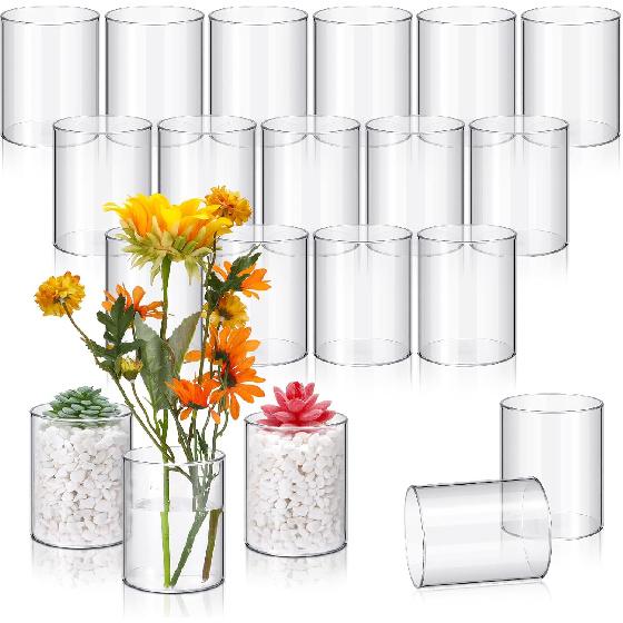Vesici 20 Pcs Plastic Cylinder Vase Acrylic Cylinder Vase Bulk Small Clear Flower Container Hurricane Candle Holder Round Wide Container Centerpiece
