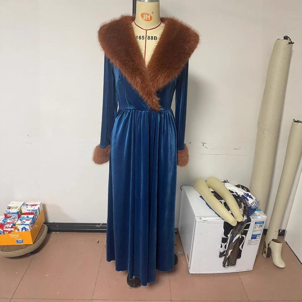 Women'S Long-Sleeved Long-Style Thickened Gold Velvet Dress Fur Collar Jacket Dress