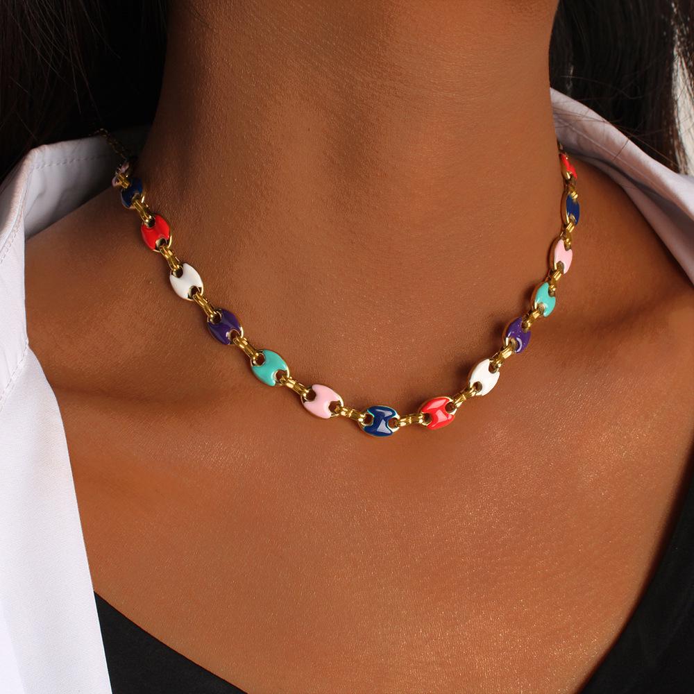 Creative Bohemian Titanium Steel Enamel Bracelet Necklace - Unisex Handmade Thick Square Link Chain