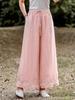 2026 Artistic Solid Color Ramie Wide-Leg Ruffle Pants - Elastic Waist, Double-Layer, Women’s Summer Casual Long Pants