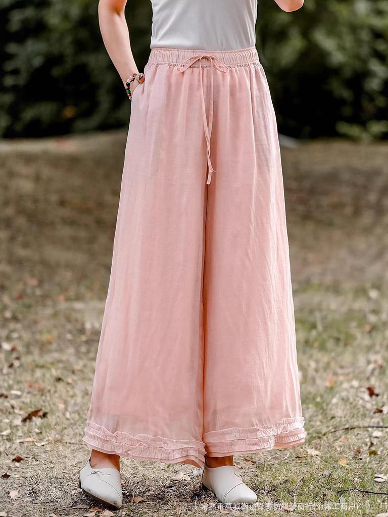 2026 Artistic Solid Color Ramie Wide-Leg Ruffle Pants - Elastic Waist, Double-Layer, Women’s Summer Casual Long Pants