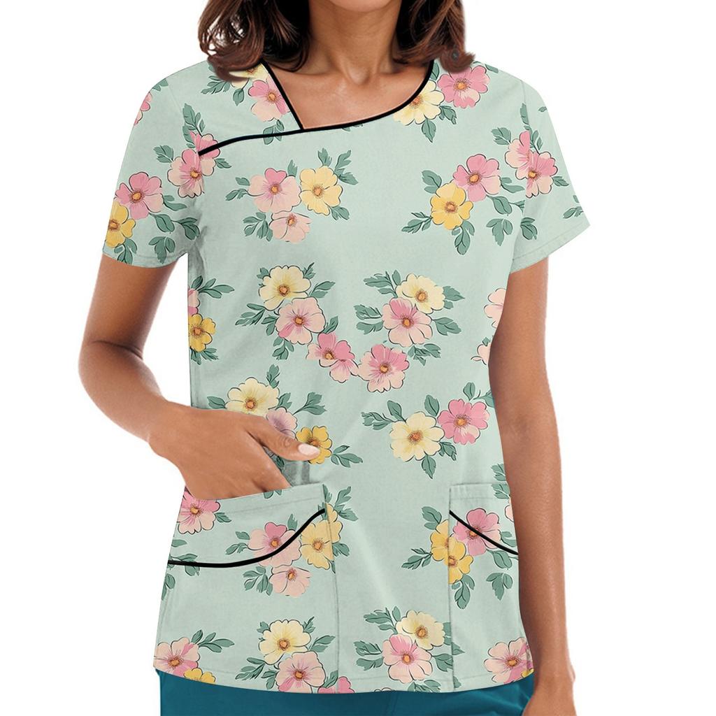 Dámské potištěné pracovní oblečení, šikmý límec a dvojité kapsy, základní top pulovr