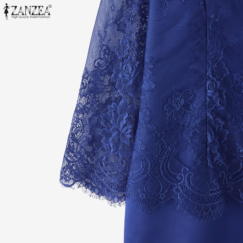 ZANZEA Kobiety Casual Koronkowa Rękaw 3/4 Letnia Sukienka Ołówkowa Patchworkowa