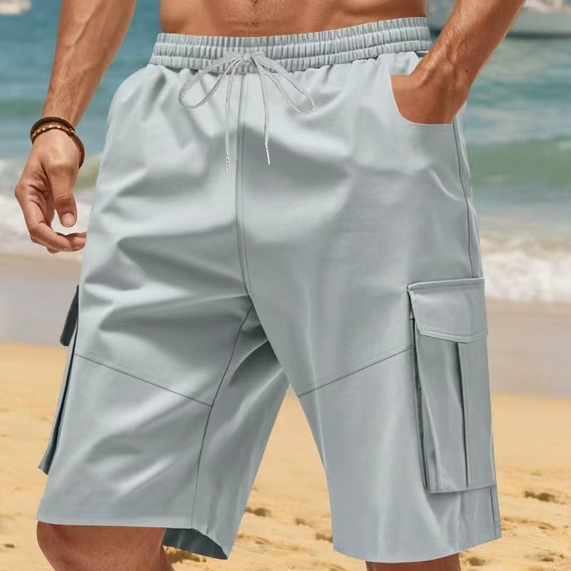 Summer Loose Men's Safari Style Shorts Multi Pockets Casual Loose Fit Straight Elastic Waist Beach Shorts