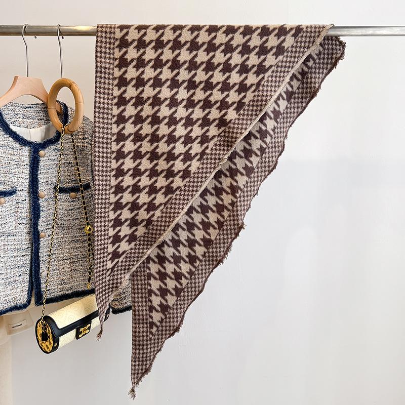 Autumn and winter bird grid imitation cashmere jacquard triangle scarf stacked shawl versatile small scarf warm multi-purpose scarf