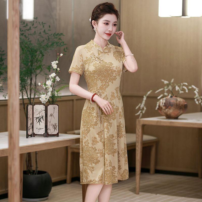 New Chinese Style Floral Printed Cheongsam Slim Elegant Midi Dress For Middle Aged Women XL
