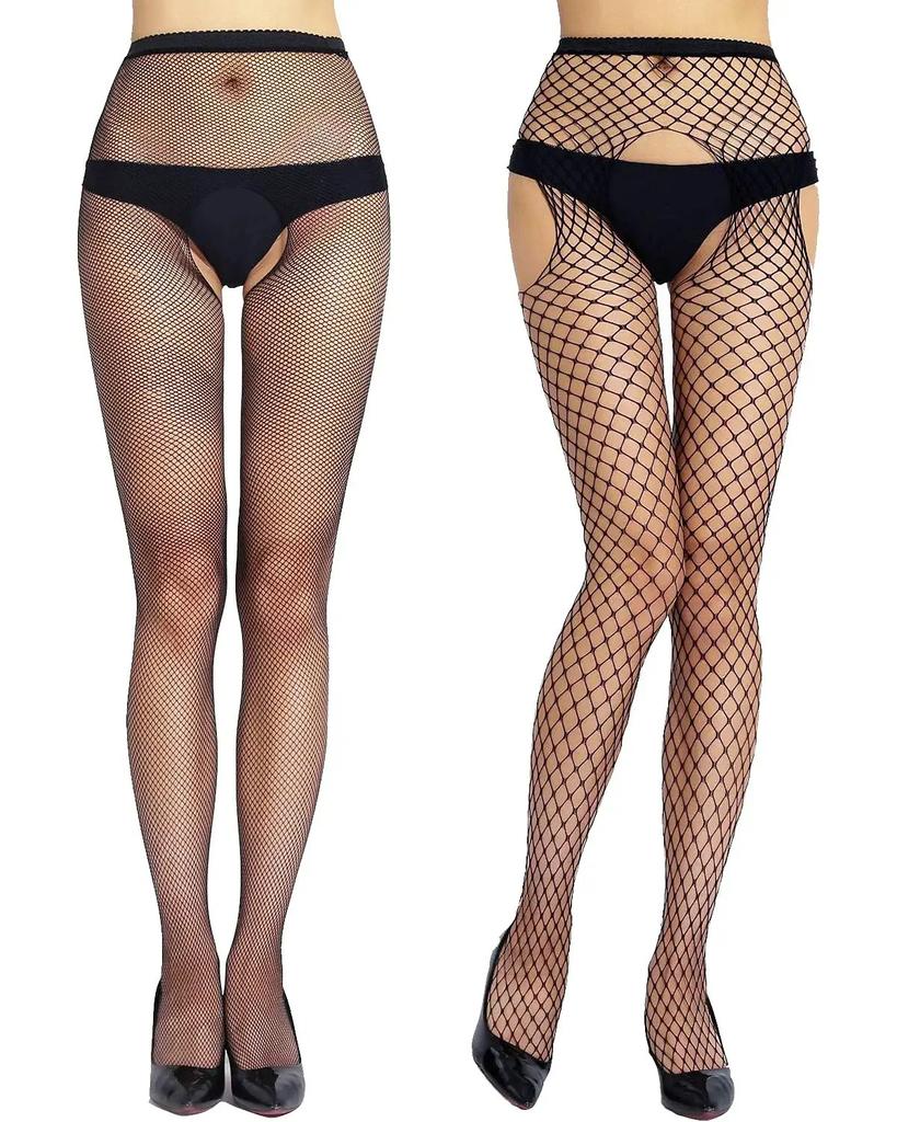 UYW Open Crotch On All Sides Fishnet Stockings Womens High Waist Tights Sexy Sheer Mesh Pantyhose