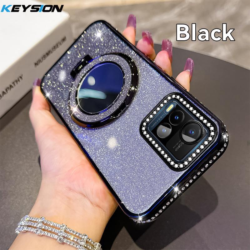 

KEYSION Luxury Glitter Jewelled Magnetic Phone Case for VIVO Y21 Y21S Y21T Y33S Y33T T1X Makeup Mirror Stand Shockproof Cover for VIVO Y21 чорний