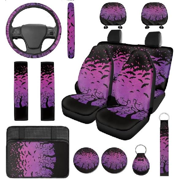 Red Spider Web Car Seat Covers with Steering Wheel Cover,Armrest Cushion,Seat Belt Covers Cup Holder with Keychain,Automotive Protector Set Unverisal