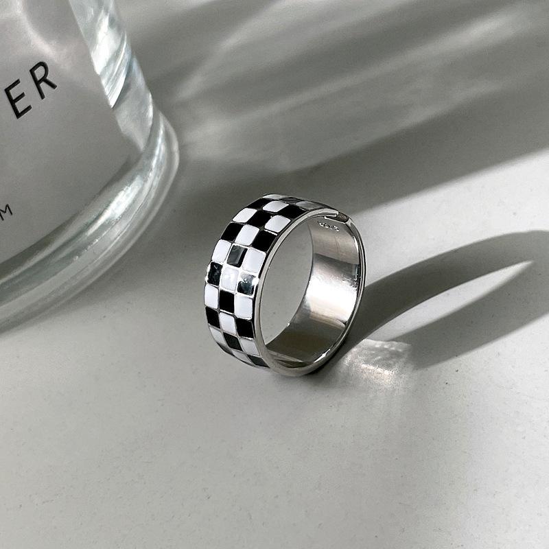 Black  White Plaid Heart Open Ring - Trendy, Simple, Adjustable for Women Adjustable Open Ring
