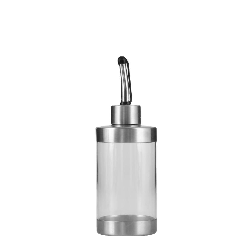 Cylindrical Stainless Steel Seasoning Bottles: Transparent Oil, Soy Sauce, and Vinegar Containers for the Kitchen.