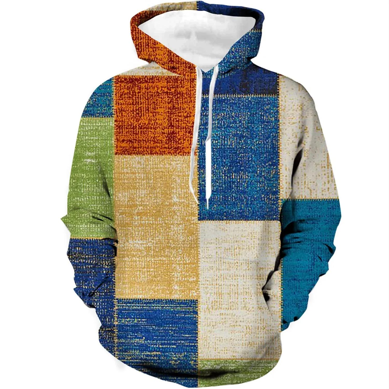 

Autumn Men Colorful Checkered Printing Hoodie Fashion Pullover Adult Kids Casual Hooded Clothing Boys Girl Vintage Coat with Hat 4XL