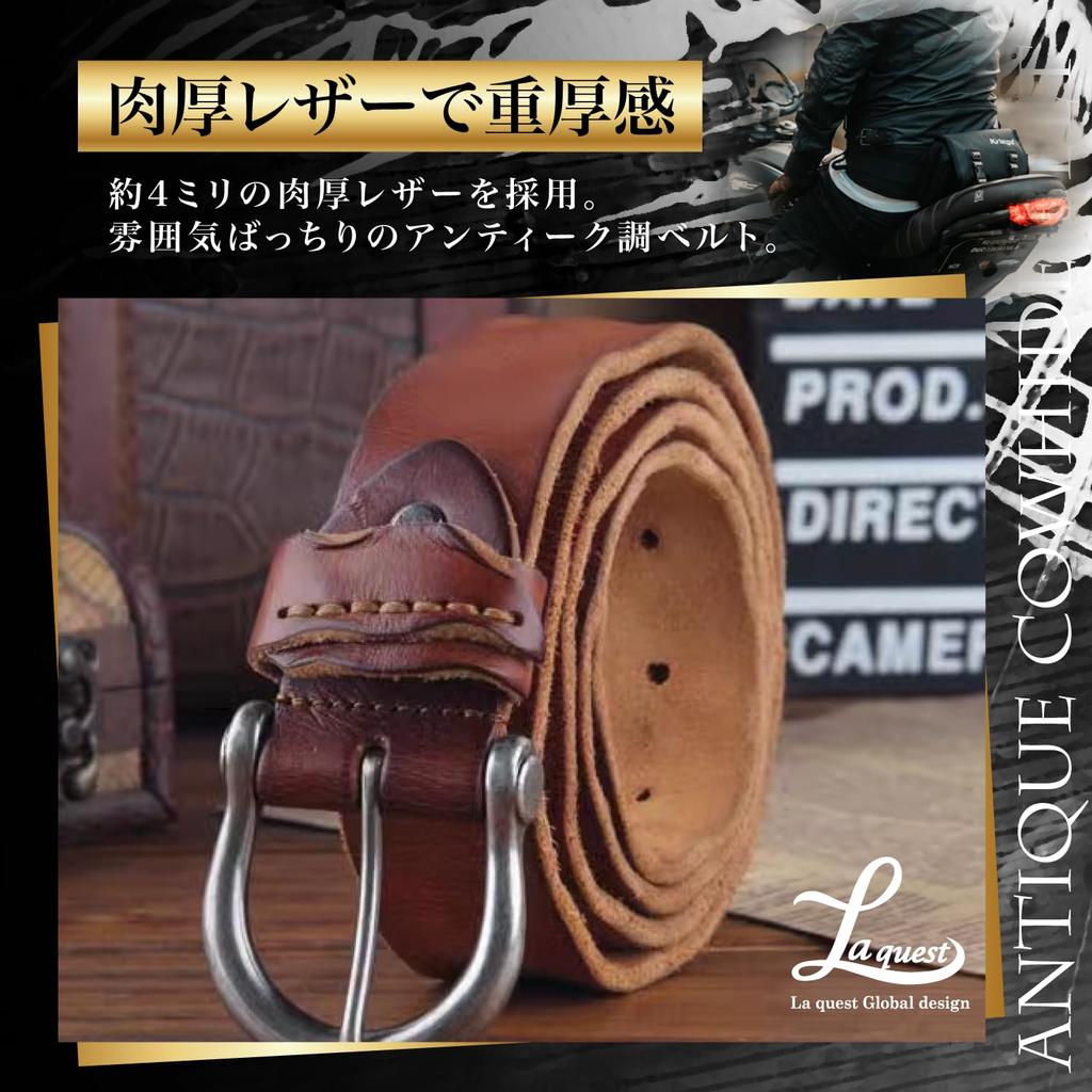 [Laquest] Antique Leather Belt for Men, Genuine Cowhide Leather, Vintage Finish, Casual, Biker, Vintage Clothing, American Casual (Dark Brown)