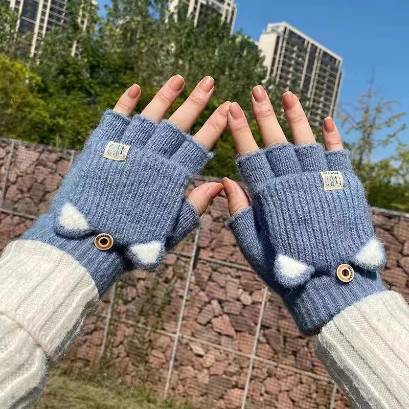 1Pair Cute Mittens Flip Half Finger Glove For Women Girls Winter Soft Warm Thick Gloves Student Cold Resistant Writing Gloves