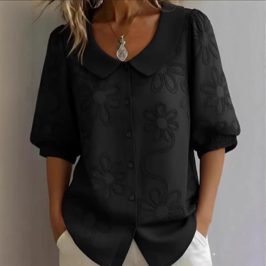 Dark Blue Floral Print Blouse with Puff Sleeves, Lapel Collar and Button Front