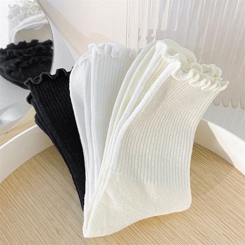 Women's Pure Cotton Lace Mid-Calf Lolita Socks - Solid Color for Autumn/Winter