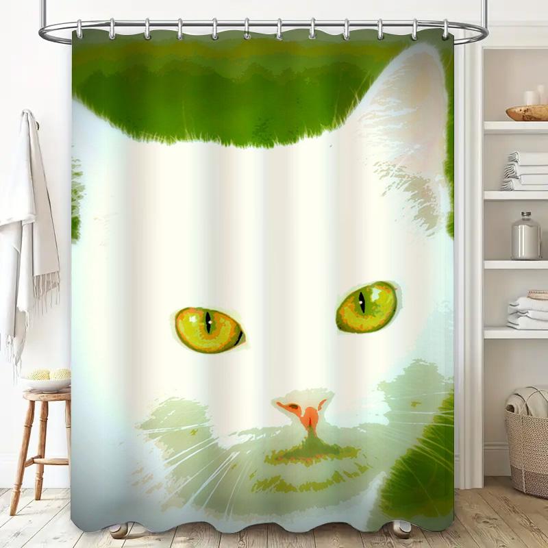 Whimsical Bathing Cat Shower Curtain Modern Green Floral Design For Bathroom Decoration Extra Large Printed Waterproof Polyester