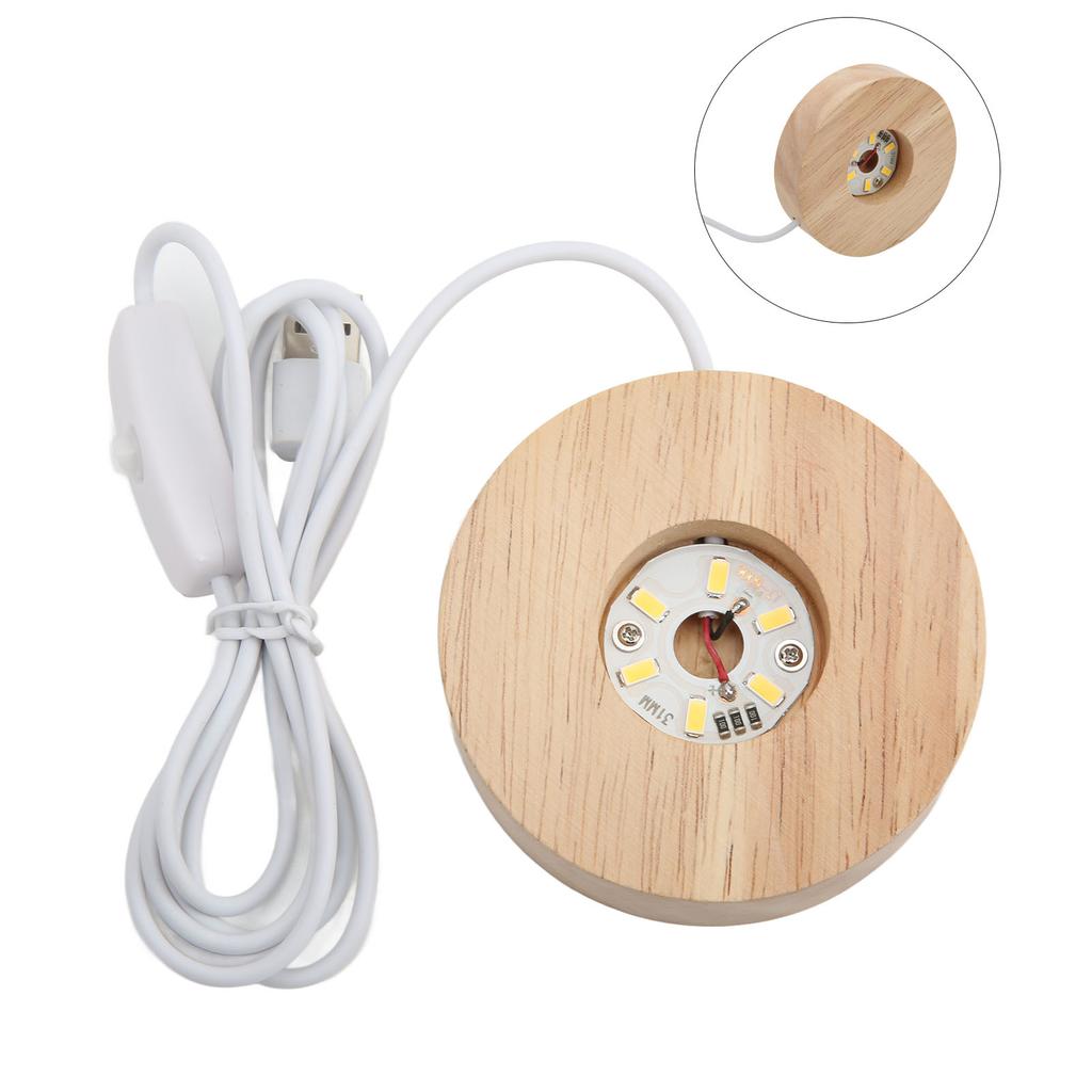 LED Light Base USB Interface Oak Wood Material Round 2cm 0.8in Thickness Glowing Decorative Display Lamp for Home 5V
