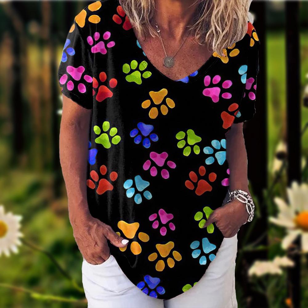 New Rainbow Watercolor Dog Paw 3D Printing T-shirt Women's V-neck Casual Short-sleeved Y2k Top Harajuku Tees Clothing