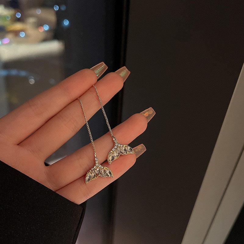 Fashion Long Tassel Ear Line Earrings For Women Korean Temperament Crystal Fish Tail Drop Earrings Girls Daily Party Jewelry