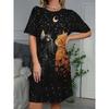 Ladies' Dress with Starry Sky, Moon, Cute Cat Print, Casual Plus Size Dress