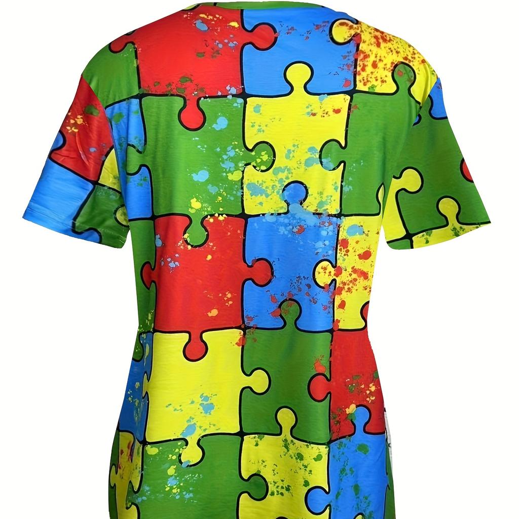 Elephant Pattern Muti Color T-shirt, Casual V-neck Short Sleeve Top, Women's Clothing