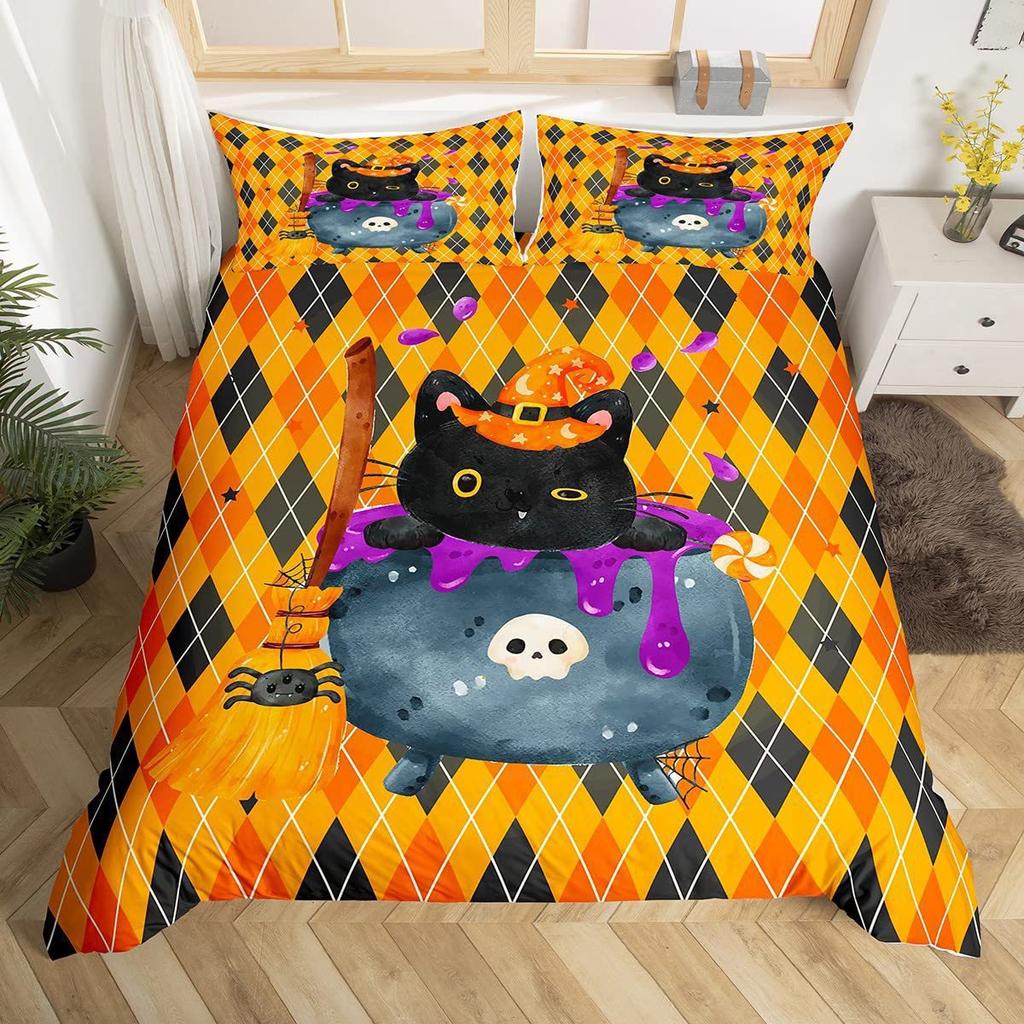 Digital Printing Three-Piece Kit Quilt Cover Pillowcase Cute Ghost Pumpkin Lantern Bedding