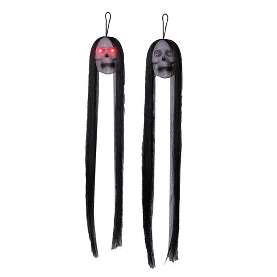 

2 шт., кулон в виде черепа на Хэллоуин с длинными волосами, висящий жуткий светящийся орнамент в виде черепа для декора вечеринок с привидениями чёрный