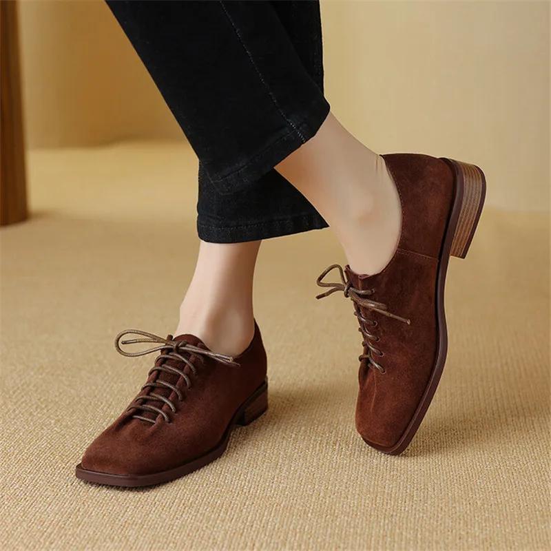 Fashion New Spring Sheep Suede Loafers Woman Shoes Chunky Heel Square Toe Shoes for Women Ladies Shoes Lace Women Pumps Low Heels