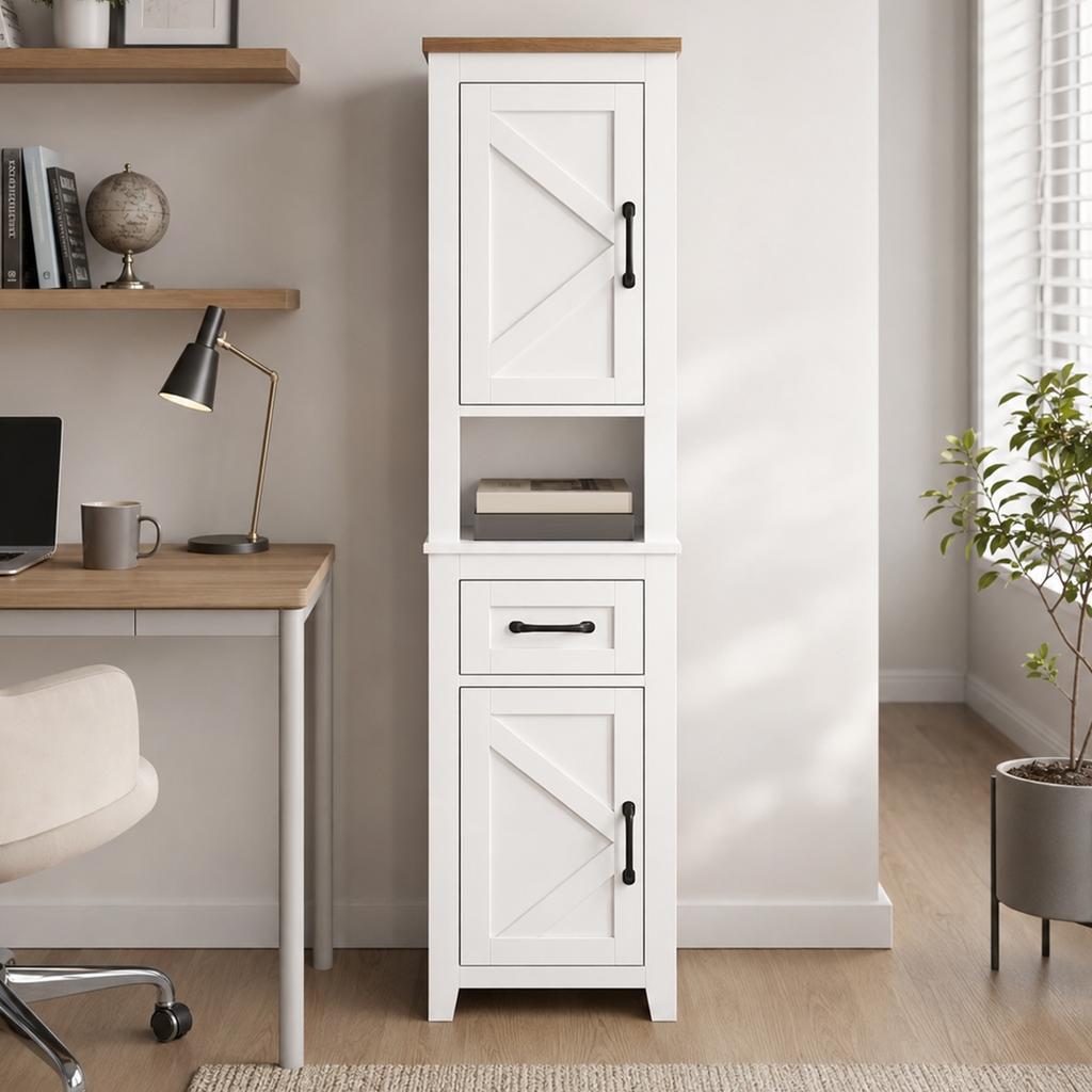 Bathroom Cabinet, 2 Doors, Drawer, Open Compartment, Adjustable Shelves, White