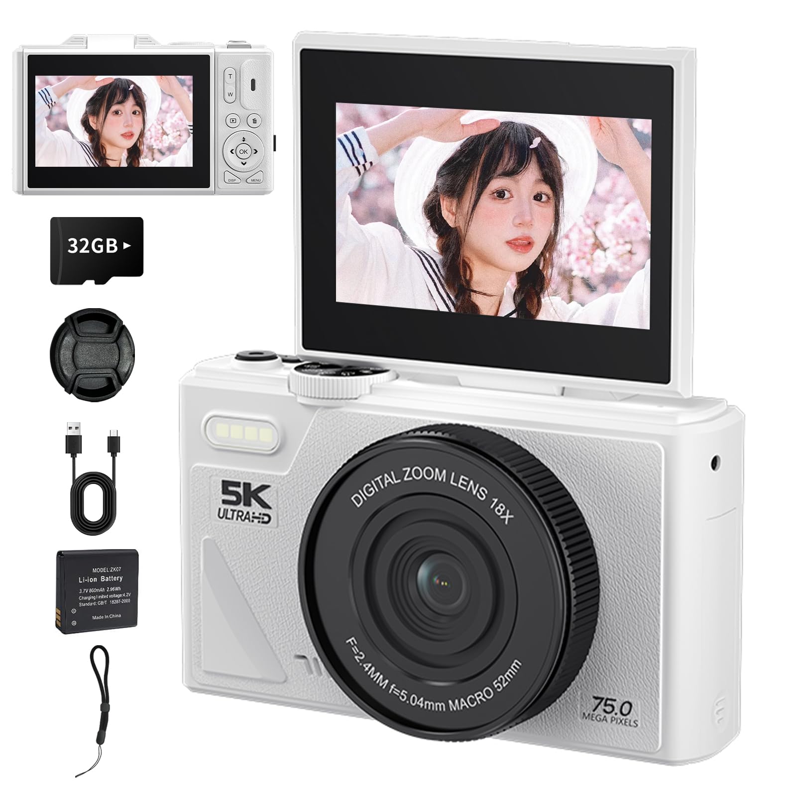

75MP 5K Video Digital Camera 18x Zoom WIFI Compatible Selfie Smartphone Transfer Rotating Screen Video Camera AF Function Image Stabilization Vlog білий