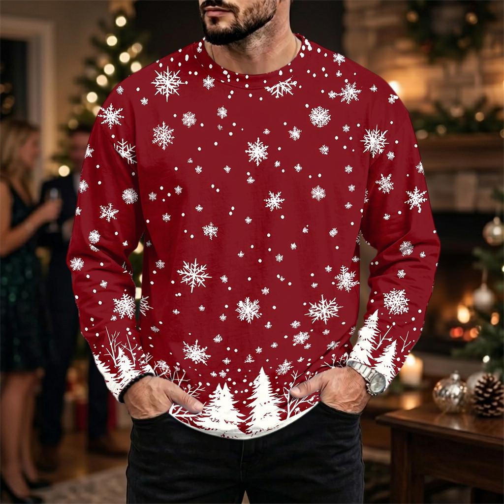 Men's Casual Loose Fit Neck Long Sleeve Top with Christmas Print, Winter Base Layer