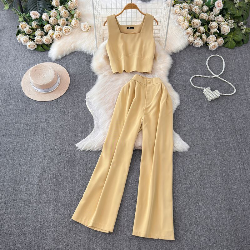 

Fashion Suit Women s K-style Sleeveless Silm Vest Tops Two-piece Set Casual High Waist Slim Looking Straight-Leg Wide-Leg Pants Yellow All yards