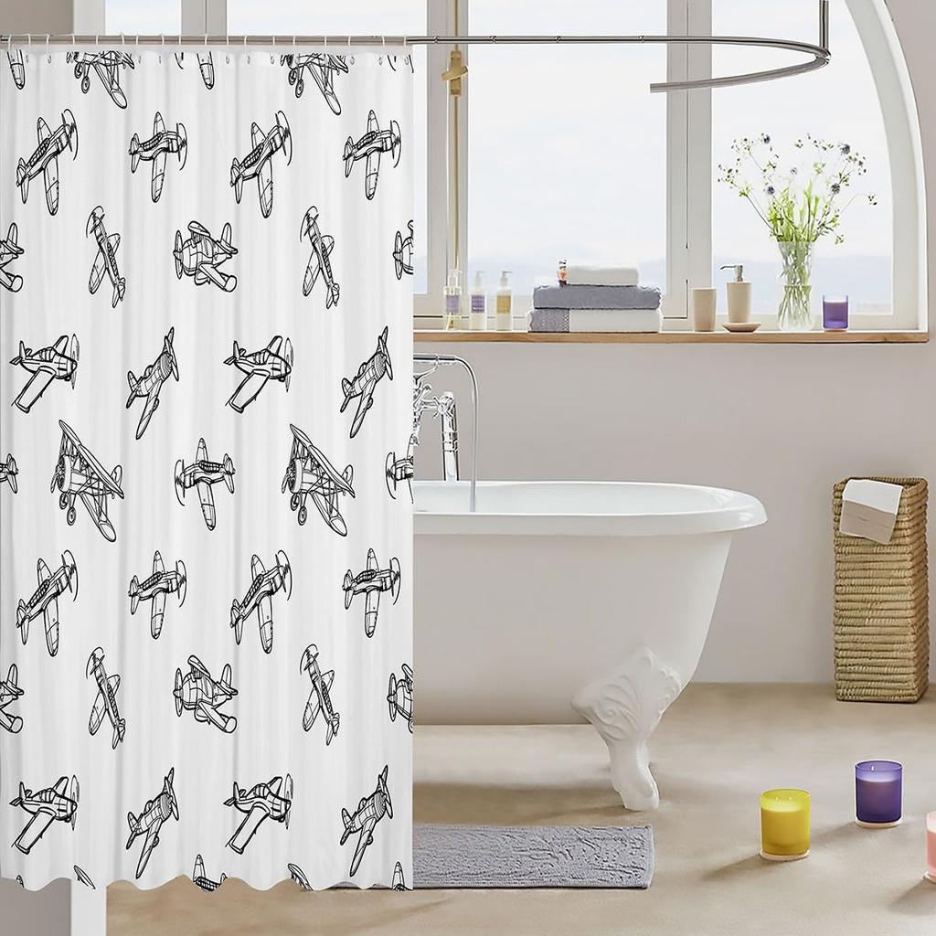 Vintage Airplane Pattern Shower Curtain Kids Room Decor Linen180X180