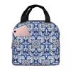 Antique Classic Lisbon Blue Azulejo Tile Floral Pattern Insulated Lunch Bag for WomenOffice Cooler Thermal Food BoxTote Portable