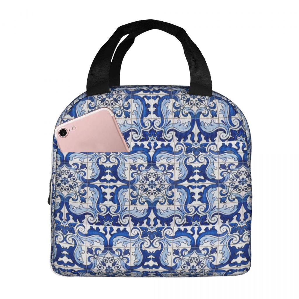 Antique Classic Lisbon Blue Azulejo Tile Floral Pattern Insulated Lunch Bag for WomenOffice Cooler Thermal Food BoxTote Portable