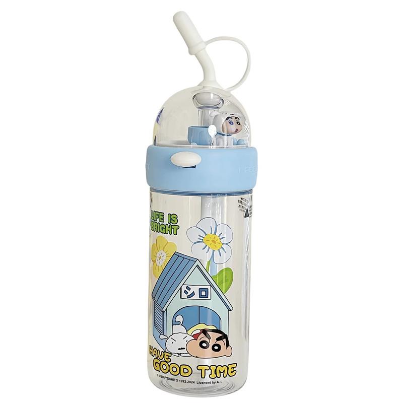 X&W Crayon Shin-Chan Plastic Water Bottle Transparent Straw Cup with Creative Toy Lid Summer Milk Tea Juice Water Cup for Kids