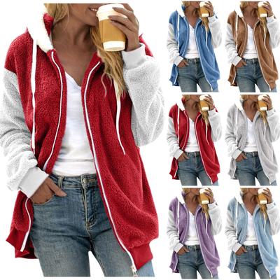 Women's Fashion Stitching Loose Hoodies Long Sleeve Plush Zipper Coat