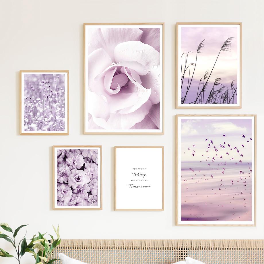 Purple Sea Beach Birds Reed Flower Landscape Wall Art Canvas Painting Posters And Prints Hotel Bar Picture for Living Room Decor