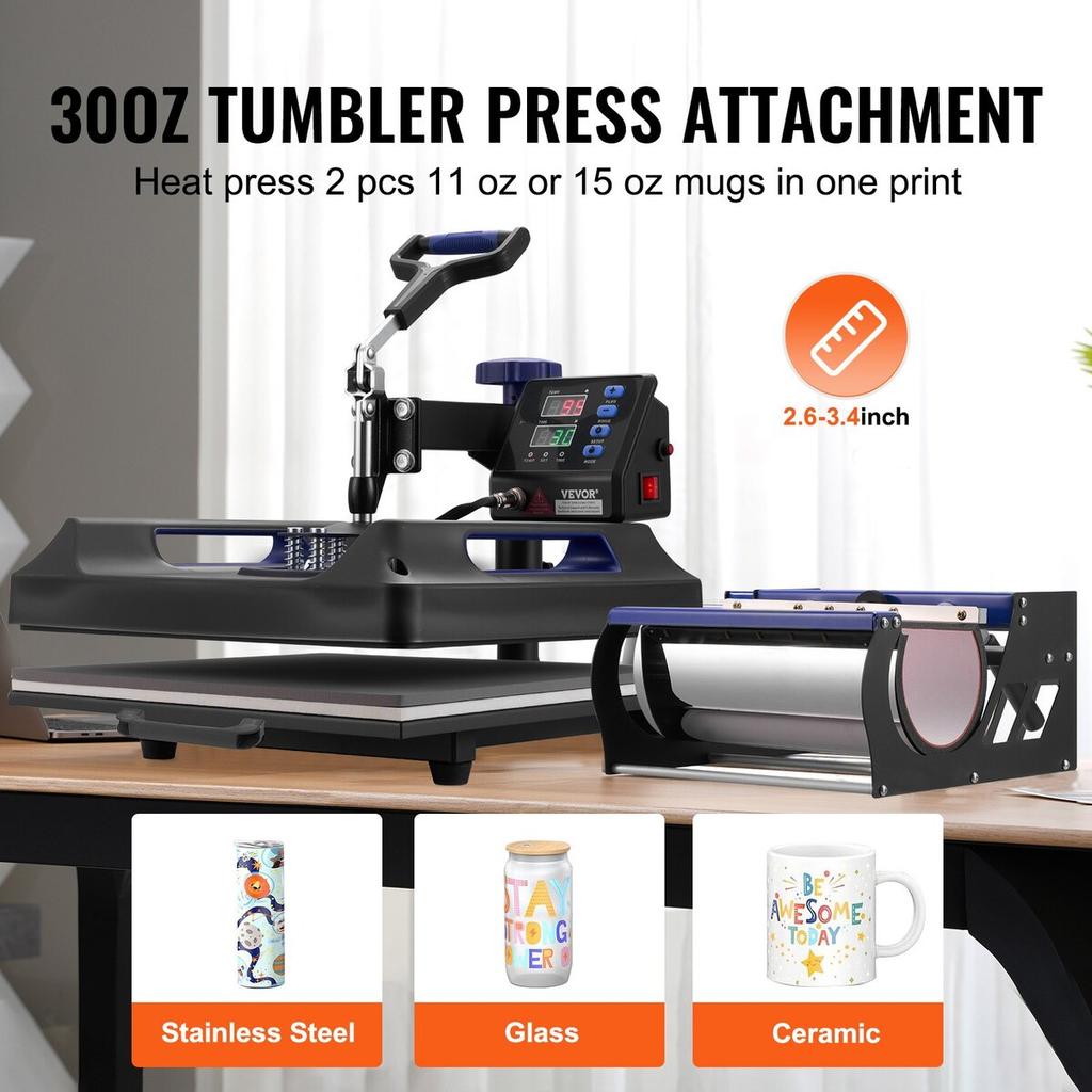 8 In 1 Heat Press Machine 15x15 In 30oz Tumbler Press T-Shirts Black+Blue