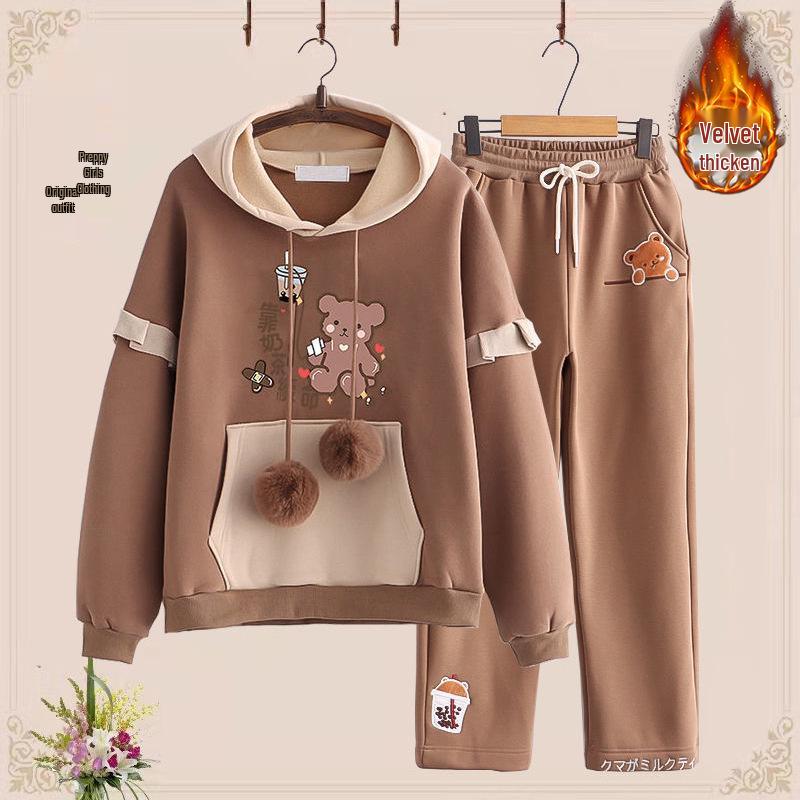 Podzimní/Zimní Sametová Zesílená Dvoudílná Sada pro Dívky (Věk 12-15): Mikina a ležérní sportovní oblečení