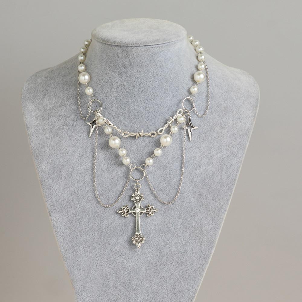 Multilayer Bohemian Trendy Necklace With Elegant Imitation Pearl Cross And Heart Pendants Women For