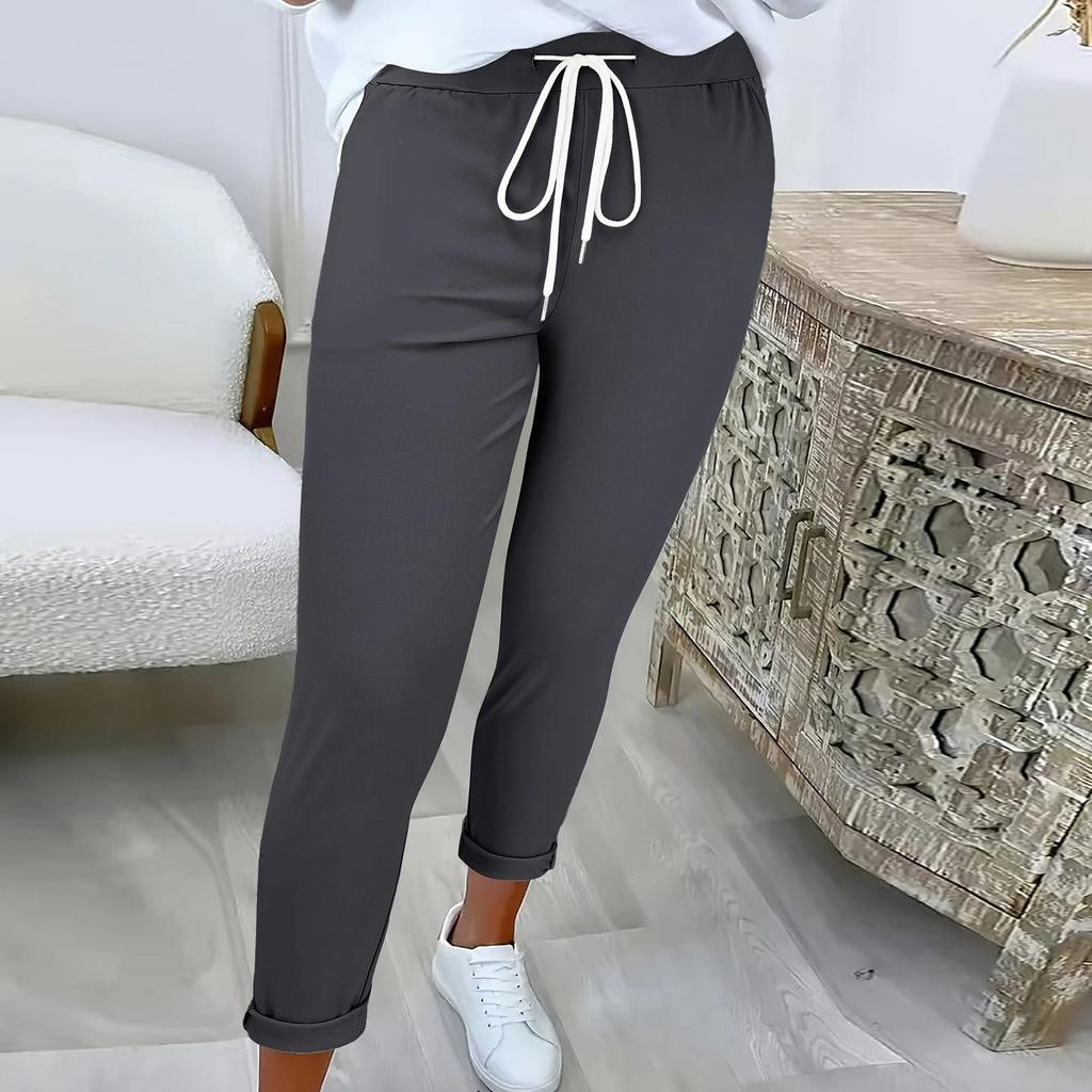 Women's Fashionable Solid Color Drawstring Elastic Waist Pocket Casual Pants