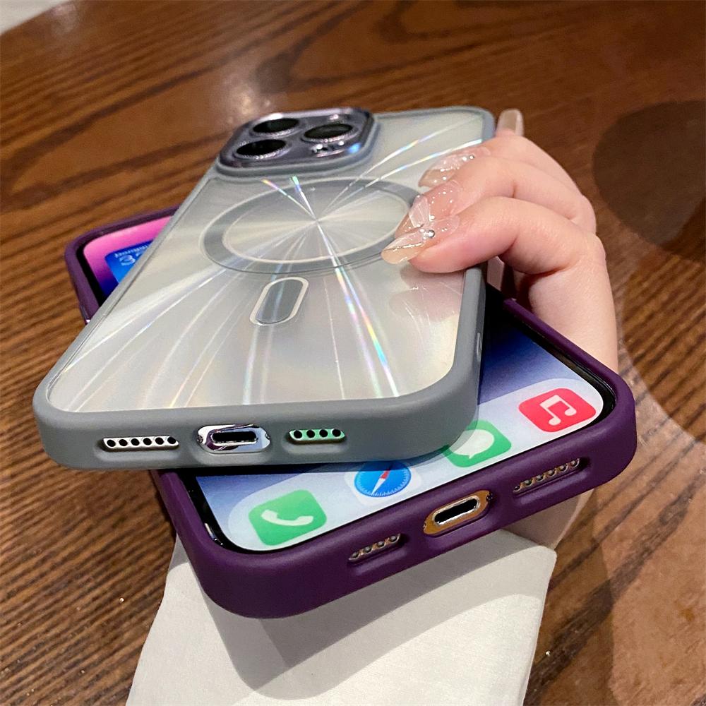 Aurora Laser Magnetic Clear Case For iPhone 15 14 Plus 13 11 12 Pro Max For Magsafe Wireless Charge CD Pattern Transparent Cover