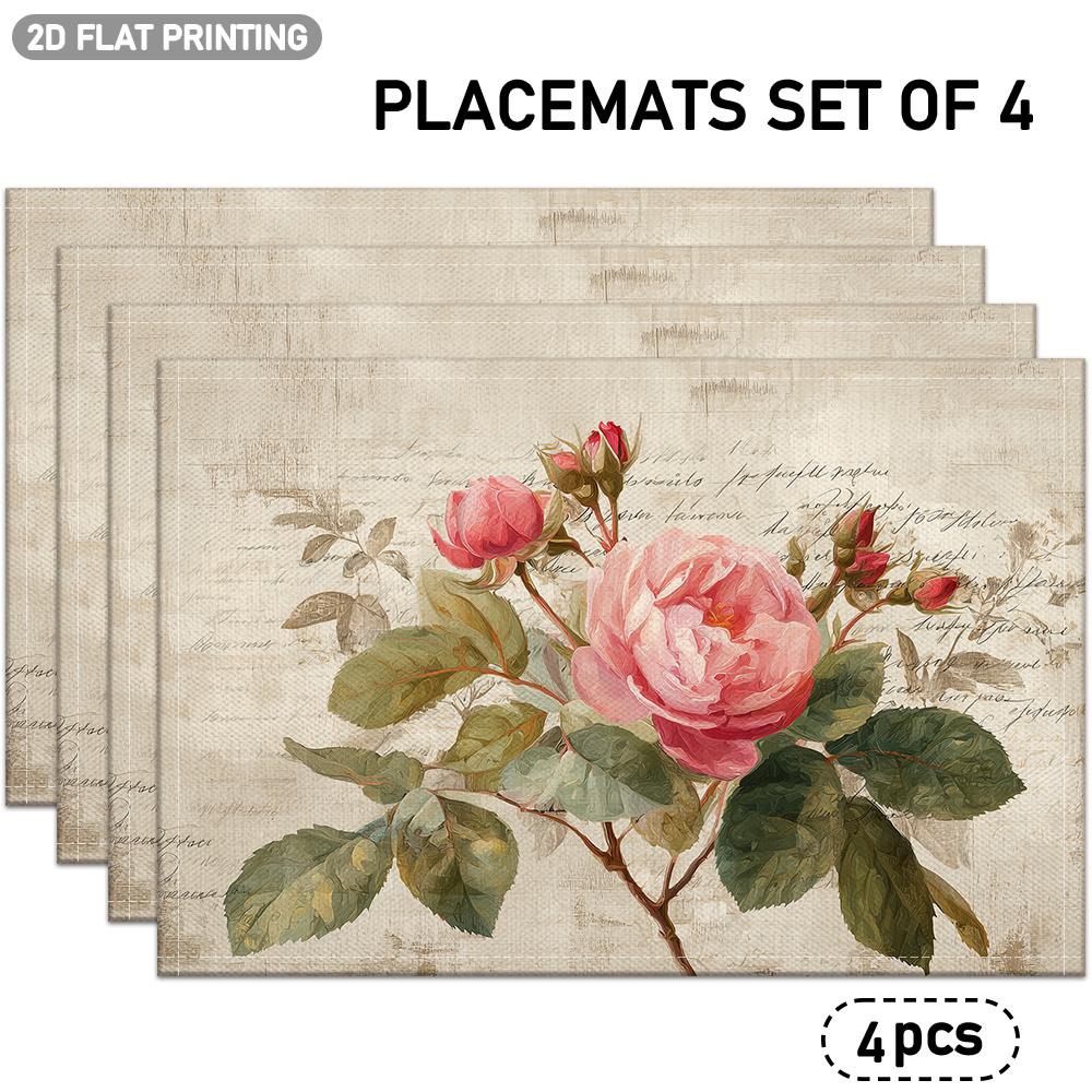 4pcs or 6pcs Vintage Rose Placemats Suitable for Dining Table Decor - Pink Roses & Green Foliage Table Mats, Washable Rectangular Place Settings, Rest