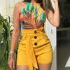 Pantaloncini da donna a vita alta con fiocco, casual, gamba larga, estivi, da spiaggia, con bottone