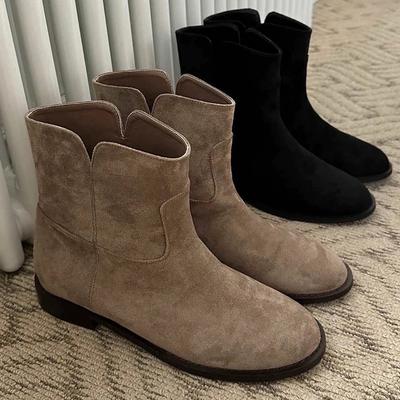 Sheepskin Version ~ Vintage Suede Round Toe Low-heeled Sleeve Boots Martin Boots Women's Autumn and Winter Versatile Western Cowboy Boots