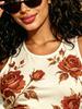 Women's Cream Base Vintage Red Rose Floral Print Sleeveless Bodycon Mini Dress, High Waist Form-Fitting Summer Beach Dress